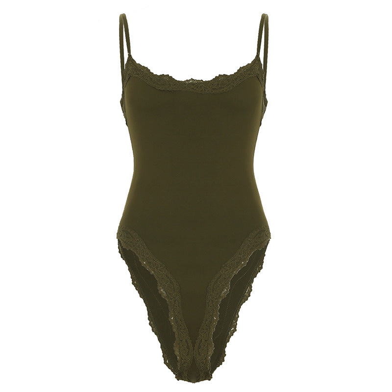 Damen eleganter Bodysuit mit Spitzenakzenten und verstellbaren Trägern EB