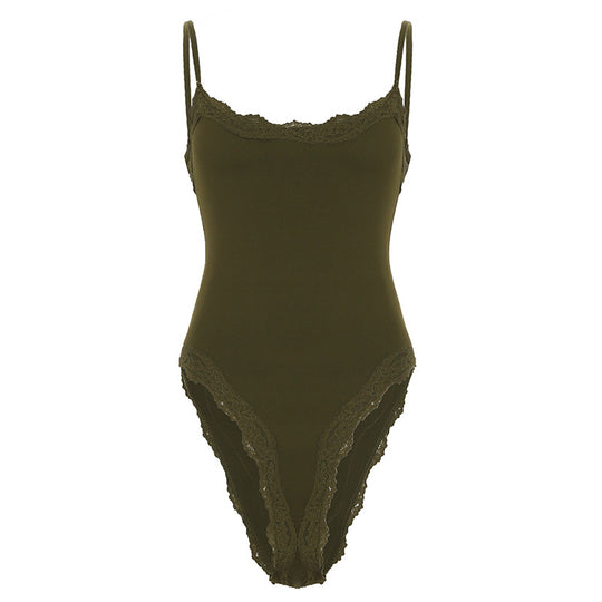 Damen eleganter Bodysuit mit Spitzenakzenten und verstellbaren Trägern EB