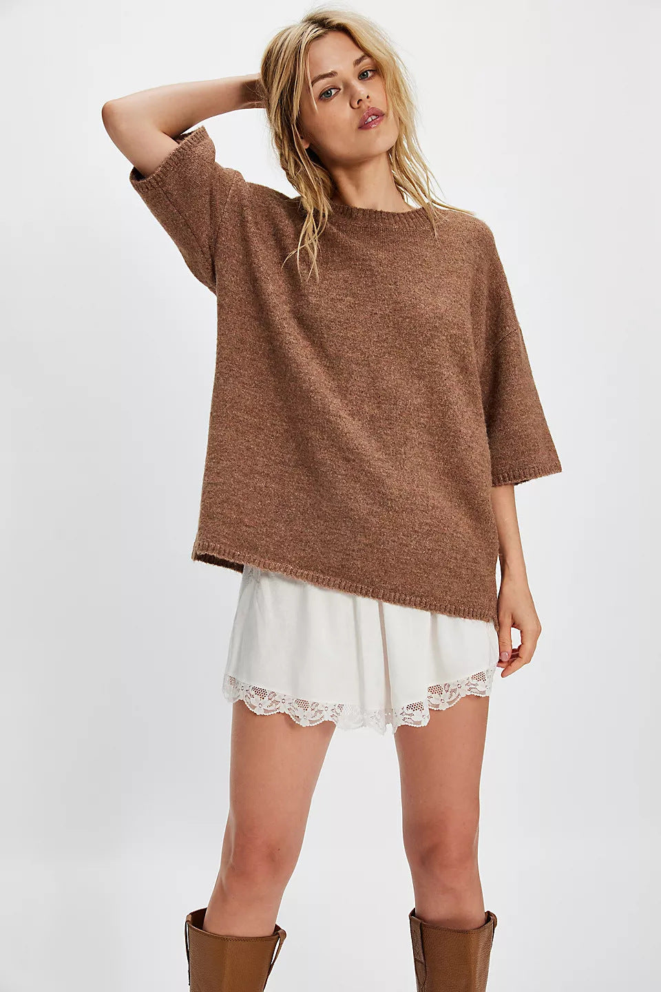 Damen Stylish halbtransparentes Sweatshirt mit Spitze und lässigem Schnitt EB