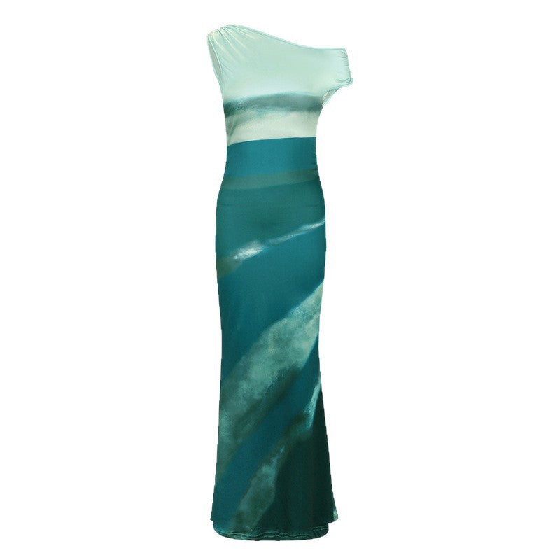 Damen Maxikleid mit asymmetrischem Ausschnitt und fließendem Schnitt EB