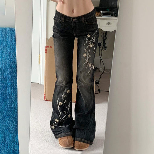 Damen nan taillierte Schlaghose-Jeans mit floraler Stickerei, Stretchdenim und Five-Pocket-Schnitt EB
