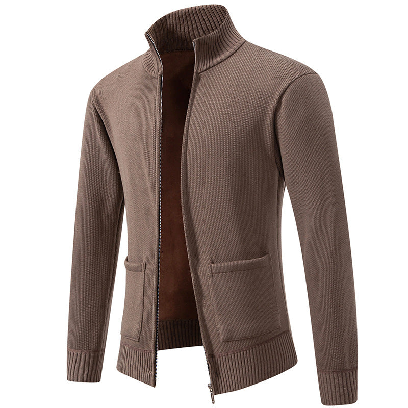 Herren nan feinstrukturierter Reißverschluss-Strickcardigan mit Stehkragen und aufgesetzten Taschen EB