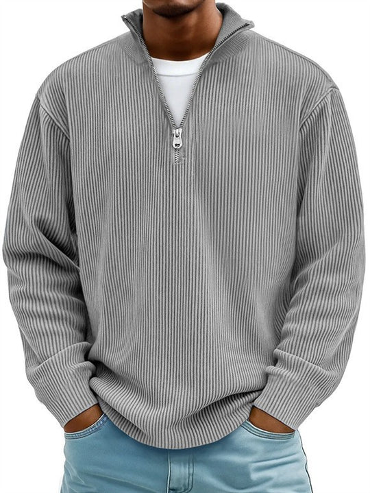Herren nan gerippter Strickpullover mit halbem Reißverschluss und Stehkragen EB