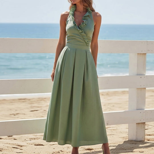 Damen Elegantes Maxi-Kleid mit verspieltem Rüschen-Ausschnitt und taillierter Passform EB