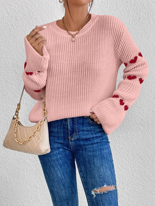 Damen kuscheliger Strickpullover mit modellierenden Ärmeln und Herzmotiv EB