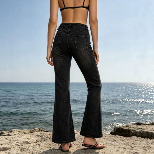 Damen nan hochgeschnittene Flared-Jeans aus Stretch-Denim mit figurbetonter Taille und weitem Bein EB