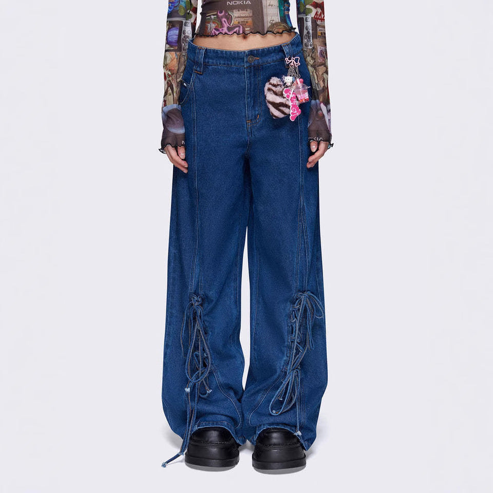 Damen Weit geschnittene Denim-Hose mit verstellbaren Kordeln EB