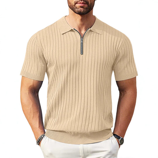 Herren nan elegantes strukturiertes Kurzarm-Strickpolo mit kurzem Metallreißverschluss und Hemdkragen EB