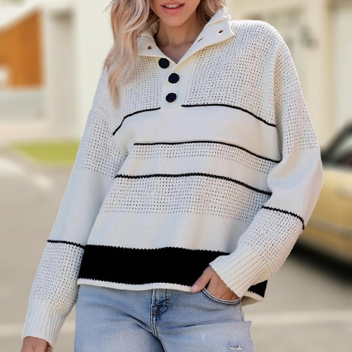 Damen modischer Strickpullover mit strukturiertem Kragen und Knopfdetails EB
