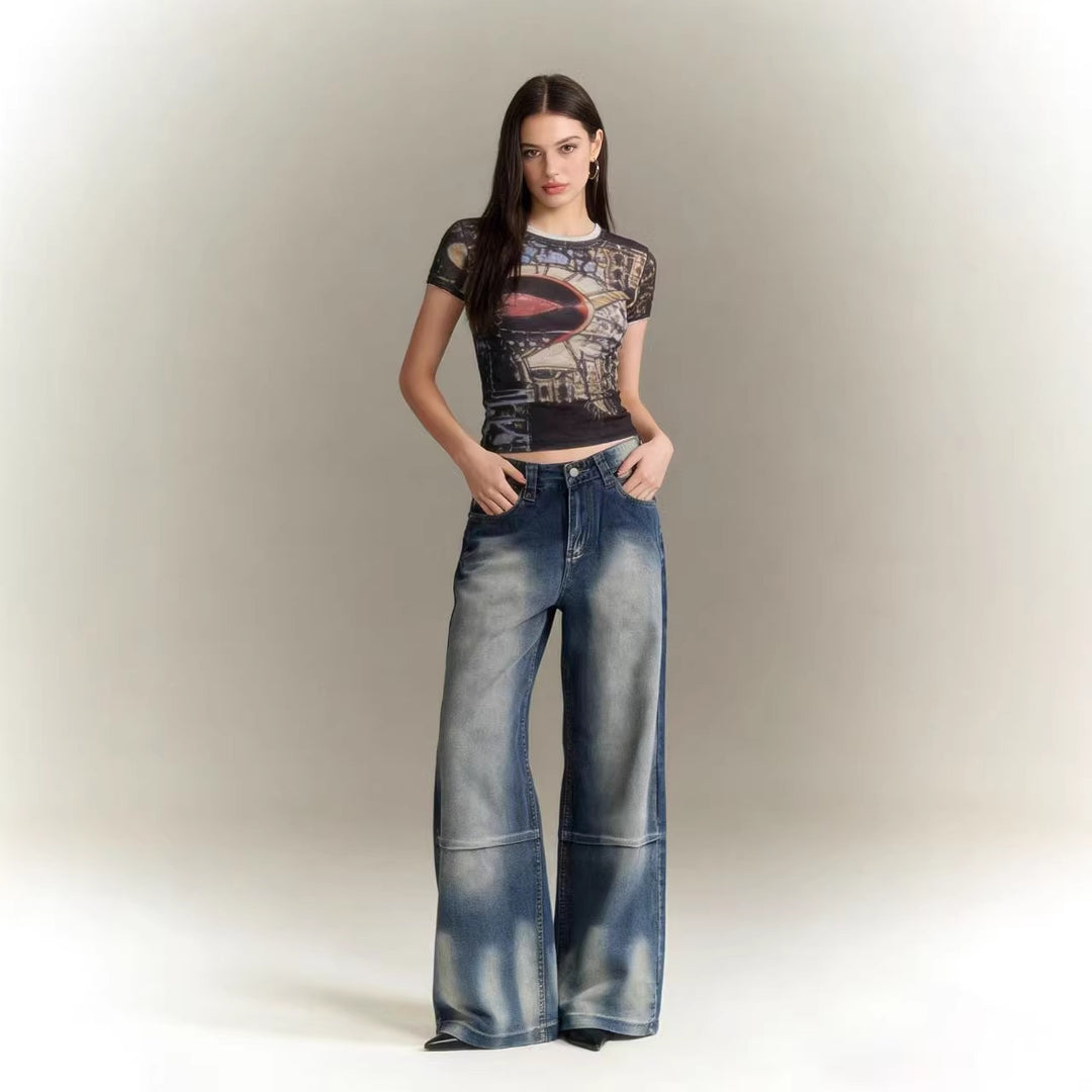 Damen Schlagjeans mit weitem Bein und modischen Waschungseffekten EB