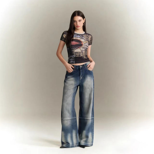 Damen Schlagjeans mit weitem Bein und modischen Waschungseffekten EB