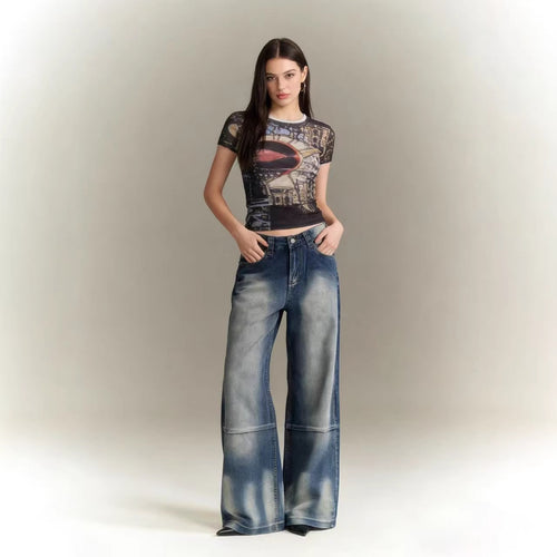 Damen Schlagjeans mit weitem Bein und modischen Waschungseffekten EB