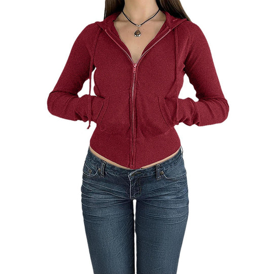 Damen nan schmal geschnittene Feinstrick-Hoodiejacke mit Metallzipper, Kängurutaschen und Daumenlochbündchen EB