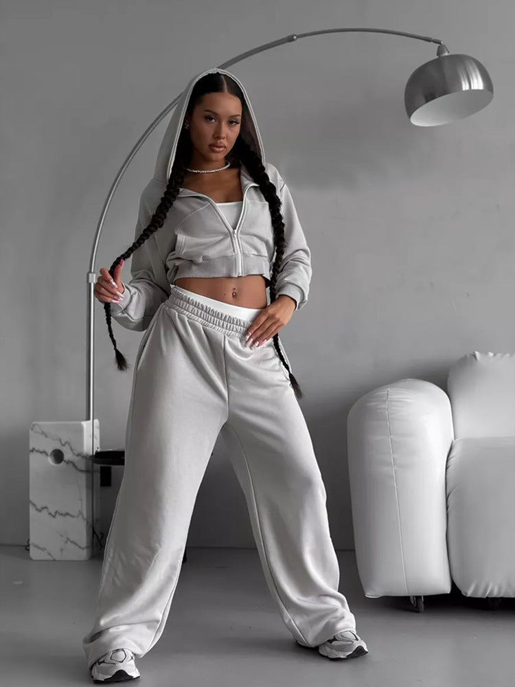 Damen kurzes Zip-Kapuzensweatshirt mit tailliertem Bündchen und weitem High‑Waist French‑Terry Jogginghose Set EB