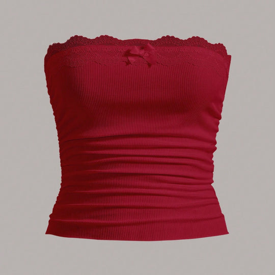 Damen Bandeau-Oberteil mit Spitzenbesatz und figurbetontem Schnitt EB