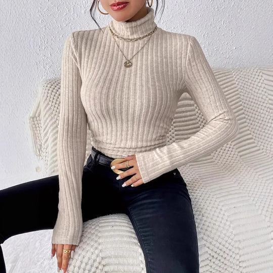 Damen Langarm Rollkragenpullover aus feinem Rippstrick EB