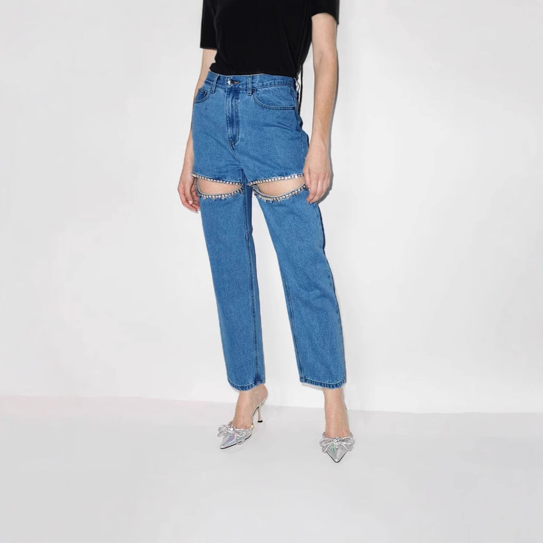 Damen Jeans mit ausgefallenem Cut-Out-Design und glitzernden Verzierungen EB