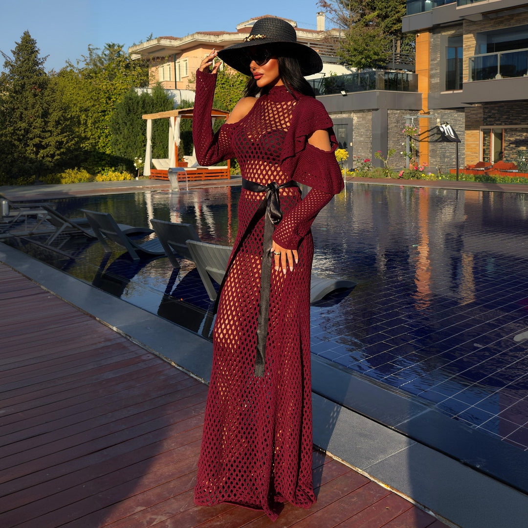 Damen schulterfreies Netzkleid mit eleganten Rüschen EB