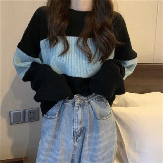 Damen Strickpullover mit weit geschnittenen Ärmeln und kontrastierendem Design EB