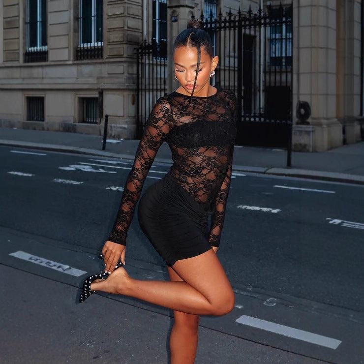 Damen Spitzenminikleid mit Raffungen und transparenten Ärmeln EB