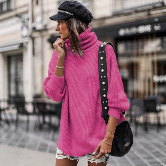 Damen oversized Strickpullover mit hohem Kragen und modischen Details EB