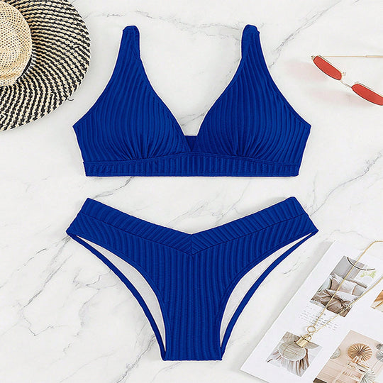 Damen Hochgeschnittenes Triangel-Bikini-Set mit strukturiertem Stoff EB