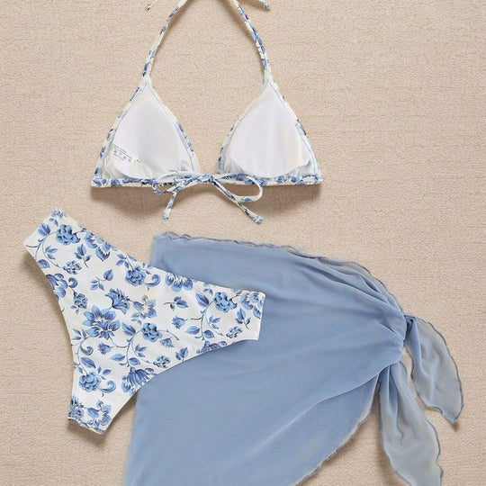 Damen Triangel-Bikini mit floralen Mustern und seitlichem Wickelelement EB