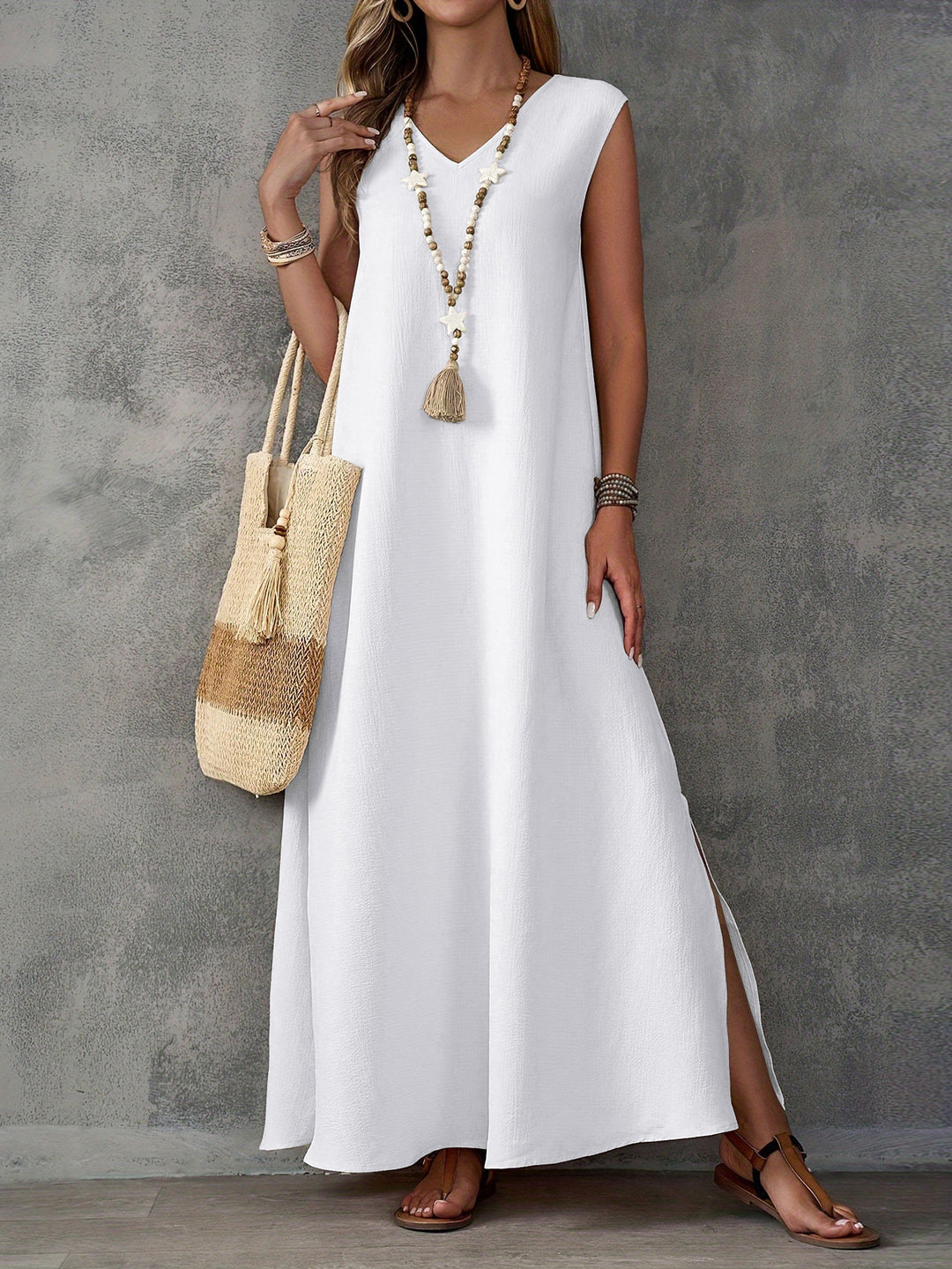 Damen Maxi-Strandkleid mit elegantem V-Ausschnitt und seitlichem Schlitz EB