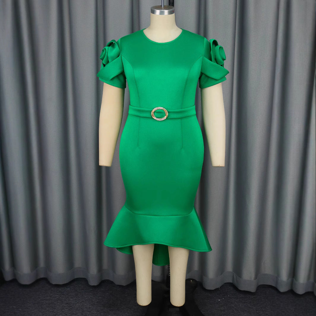 Damen figurbetontes Abendkleid mit Rüschensäumen und schickem Gürtel EB