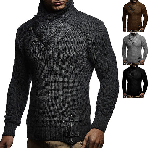 Herren Grobstrickpullover mit modernem Stehkragen und innovativen Knopfdetails EB