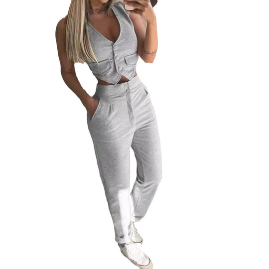Damen Bequemes Lounge-Set mit Knopfdetails und weitem Bein EB