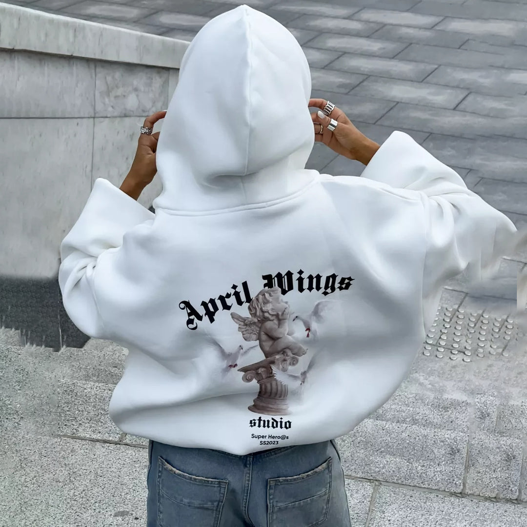Damen oversized Kapuzenpullover mit Engels-Print und kunstvollem Rückendruck Eichborn Berlin