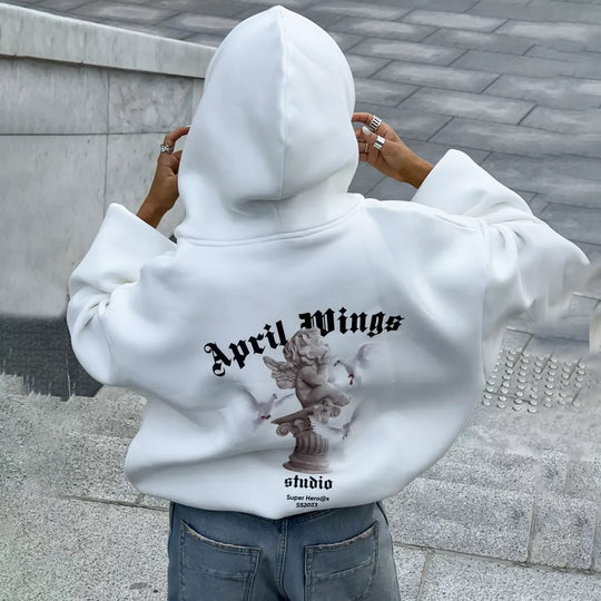 Damen oversized Kapuzenpullover mit Engels-Print und kunstvollem Rückendruck Eichborn Berlin
