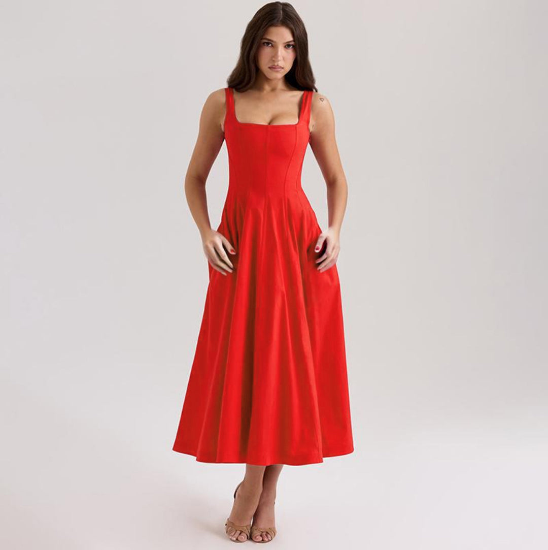 Damen A-Linien Kleid mit quadratischem Ausschnitt und schmalen Trägern EB