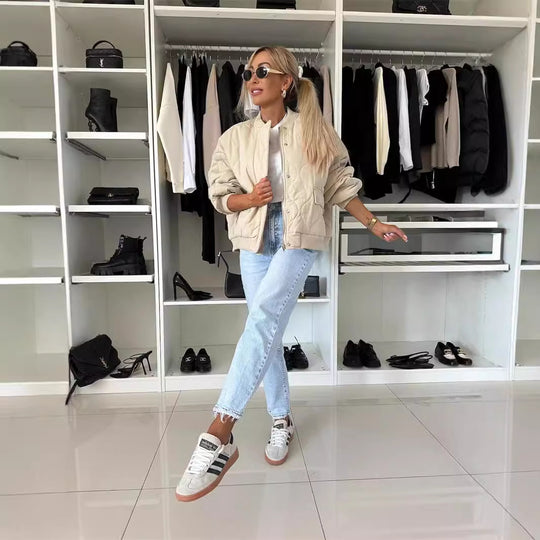 Damen lässige Steppjacke mit Knopfverschluss und elastischen Bündchen EB