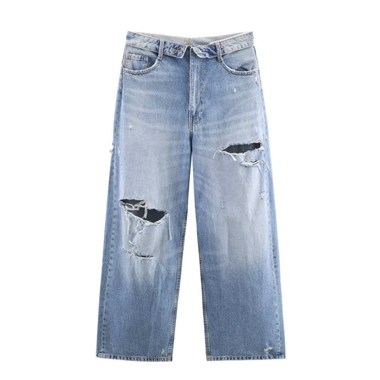 Damen nan weite hochgeschnittene Vintage-Jeans mit Destroyed-Effekten EB