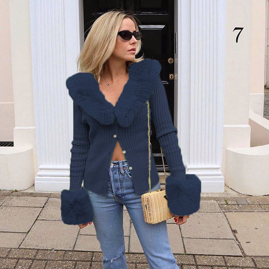 Damen Strickjacke mit luxuriösem Pelzkragen und modischen Puffärmeln EB