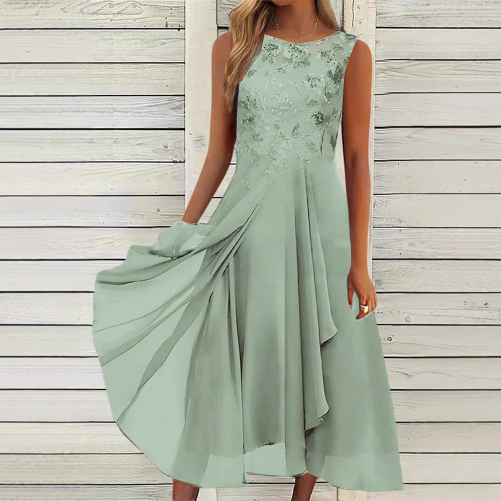 Damen nan ärmelloses Chiffon-Midikleid mit bestickter Brustpartie und asymmetrischem Lagenrock EB