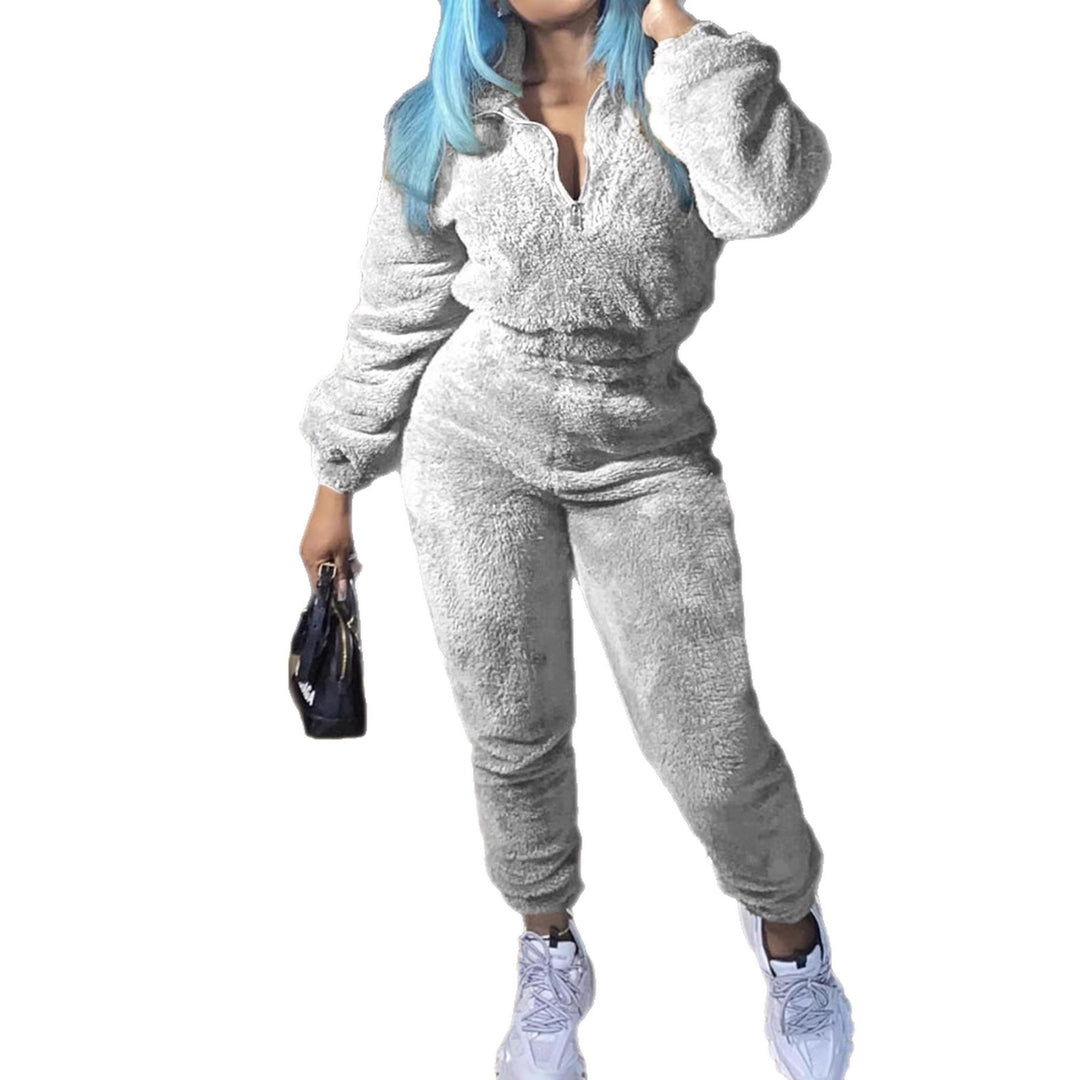 Damen nan kuscheliges Teddy-Fleece Zweiteiler mit Halbreißverschluss und High-Waist Jogginghose EB