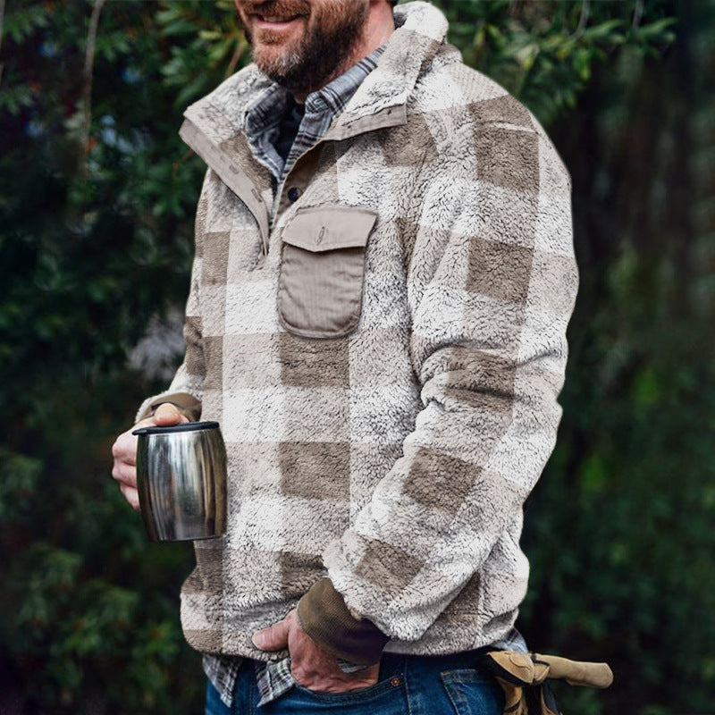 Herren Fleece-Pullover mit Karomuster und Hohem Kragen EB