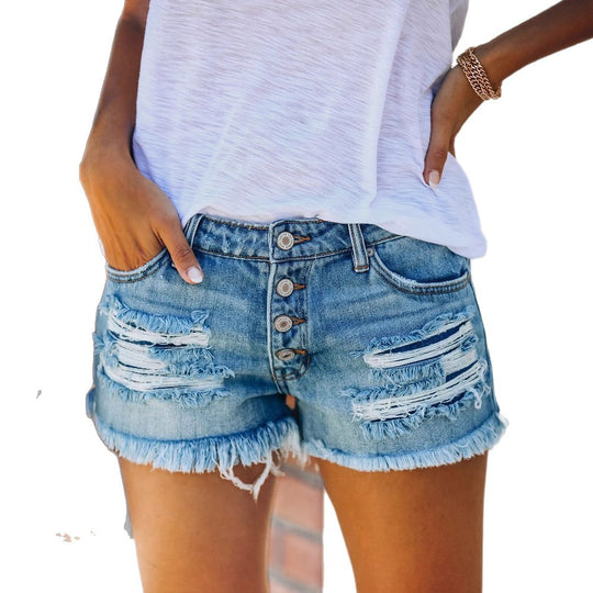 Damen Jeansshorts im trendigen Destroyed-Design mit fransigem Saum EB