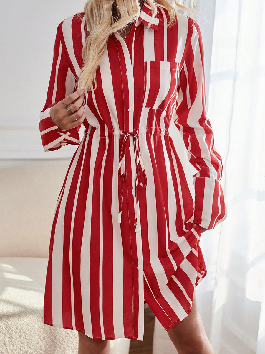 Damen Hemdblusenkleid mit taillierbarem Kordelzug und gestreiftem Design EB