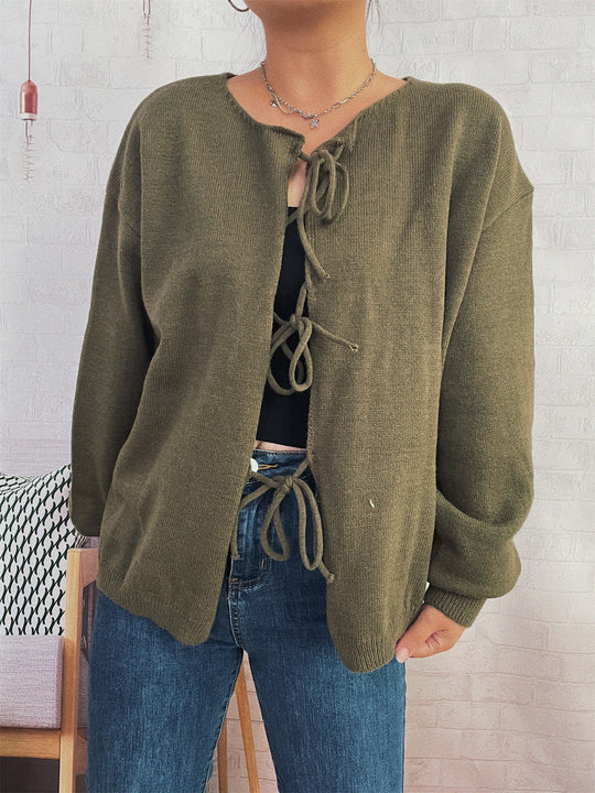Damen Strickjacke mit dekorativem Schnürdesign und weitem Schnitt EB