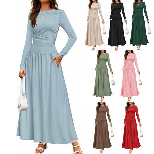 Damen Langärmliges Maxikleid mit eleganten Rüschendetails und praktischen Taschen EB