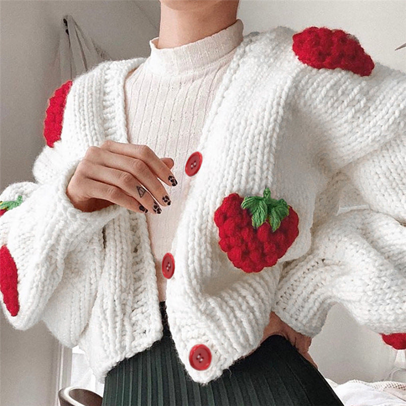 Damen Strickjacke mit Erdbeer-Applikationen und weit geschnittenen Ärmeln EB