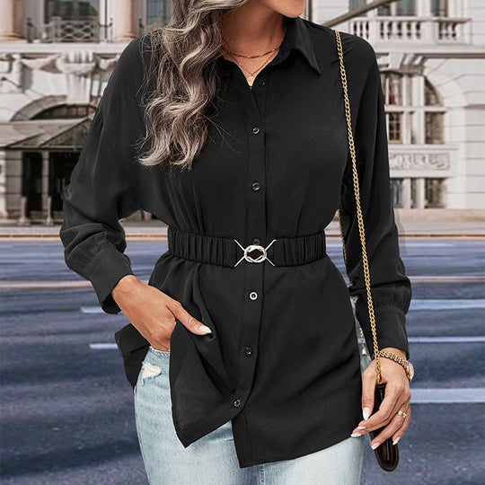 Damen Bluse mit taillierbarem Gürtel und klassischem Knopfdesign EB