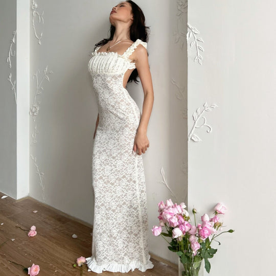 Damen Spitzen-Maxikleid mit Rüschendetails und elegantem Schnitt EB