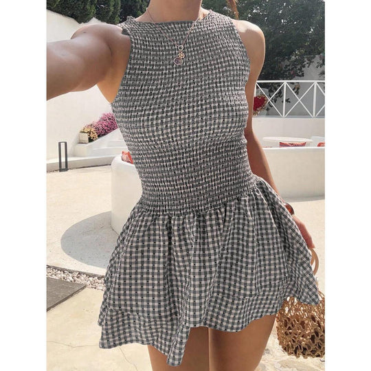 Damen ärmelloses Mini-Dress mit Karomuster und elastischem Bund EB