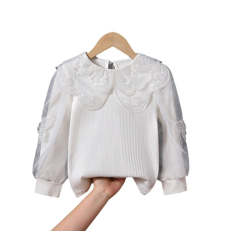 Mädchen modische Bluse mit eleganten Tüllärmeln und kunstvoller Spitzenverzierung EB