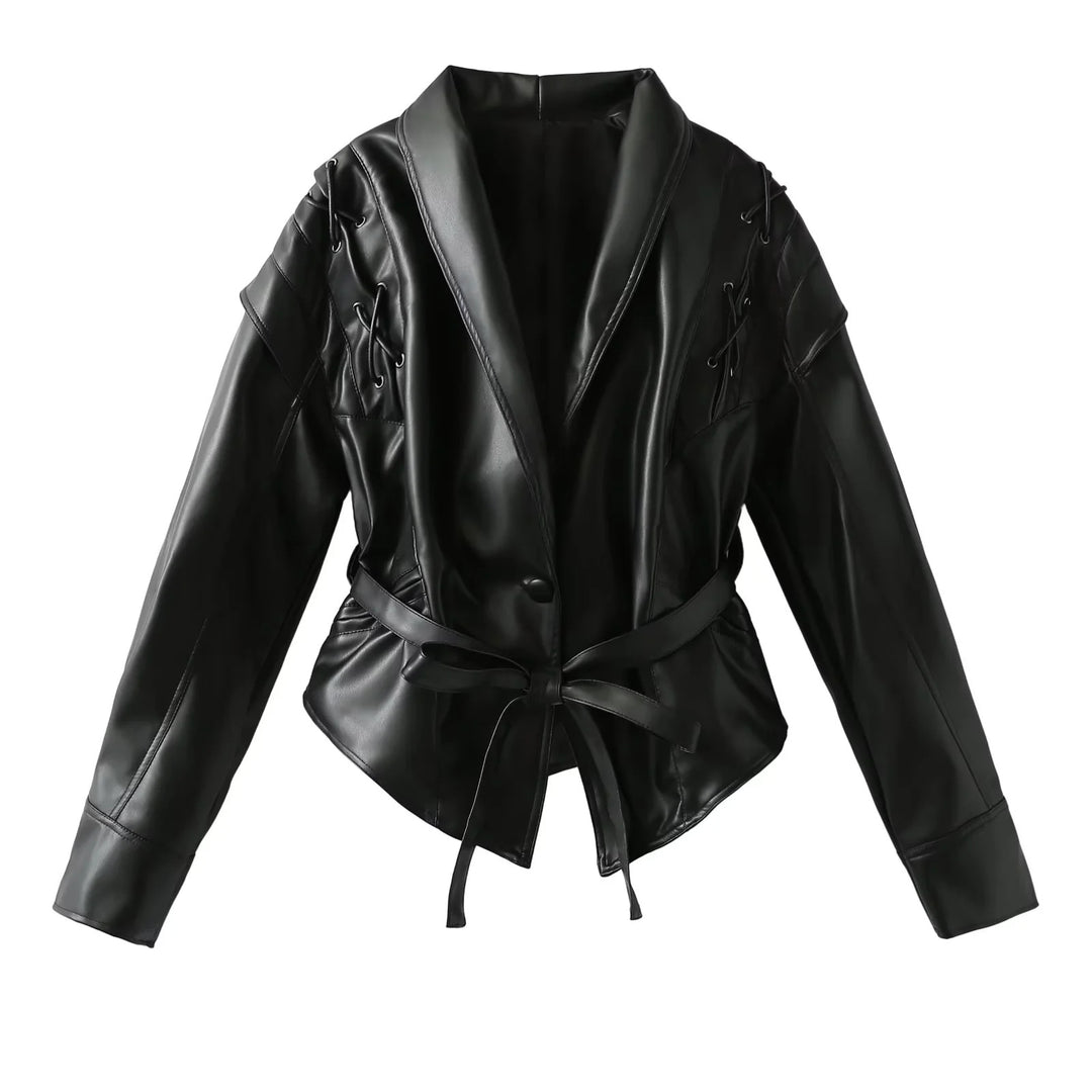 Damen Kunstlederblazer im modernem Design mit praktischem Gürtel EB